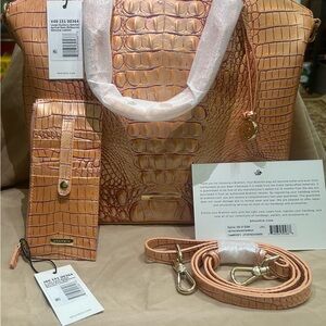 Brahmin Crocodile Embossed Tote - Tan and Peach